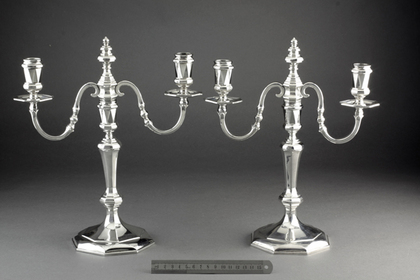 Cast Britannia Silver Queen Anne Style Octagonal Candlesticks (Set of 4), With 2 Detachable 2 Light Candelabra - Tessiers